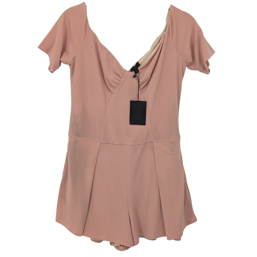 NBD Romper Women Large Pink Short Sleeve Surplice Pleated Shorts Revolve Chic